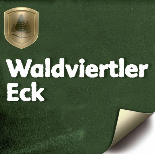 Logo vom Waldviertler Eck (Post it - Optik in dunkelgrün mit Schriftzug und goldener Plakette)