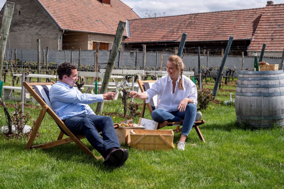 Pärchen genießt mit einem Glas Wein und beim Picknick den Frühling im Weingarten.