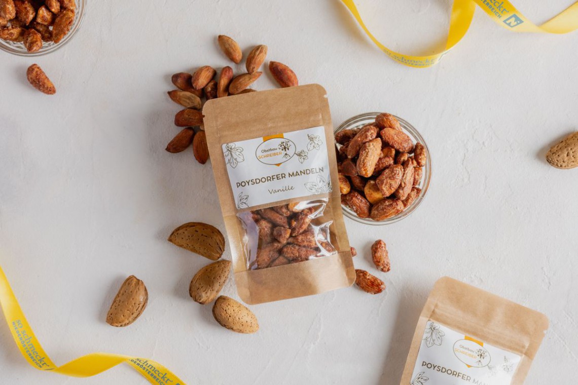 gebrannte Mandeln aus Poysdorf von Obstbau Schreiber als Giveaway in kleiner Verpackung
