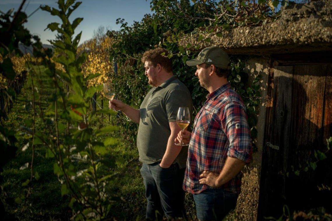 Zwei M&auml;nner im Weingarten mit Achterl Wein in der Hand