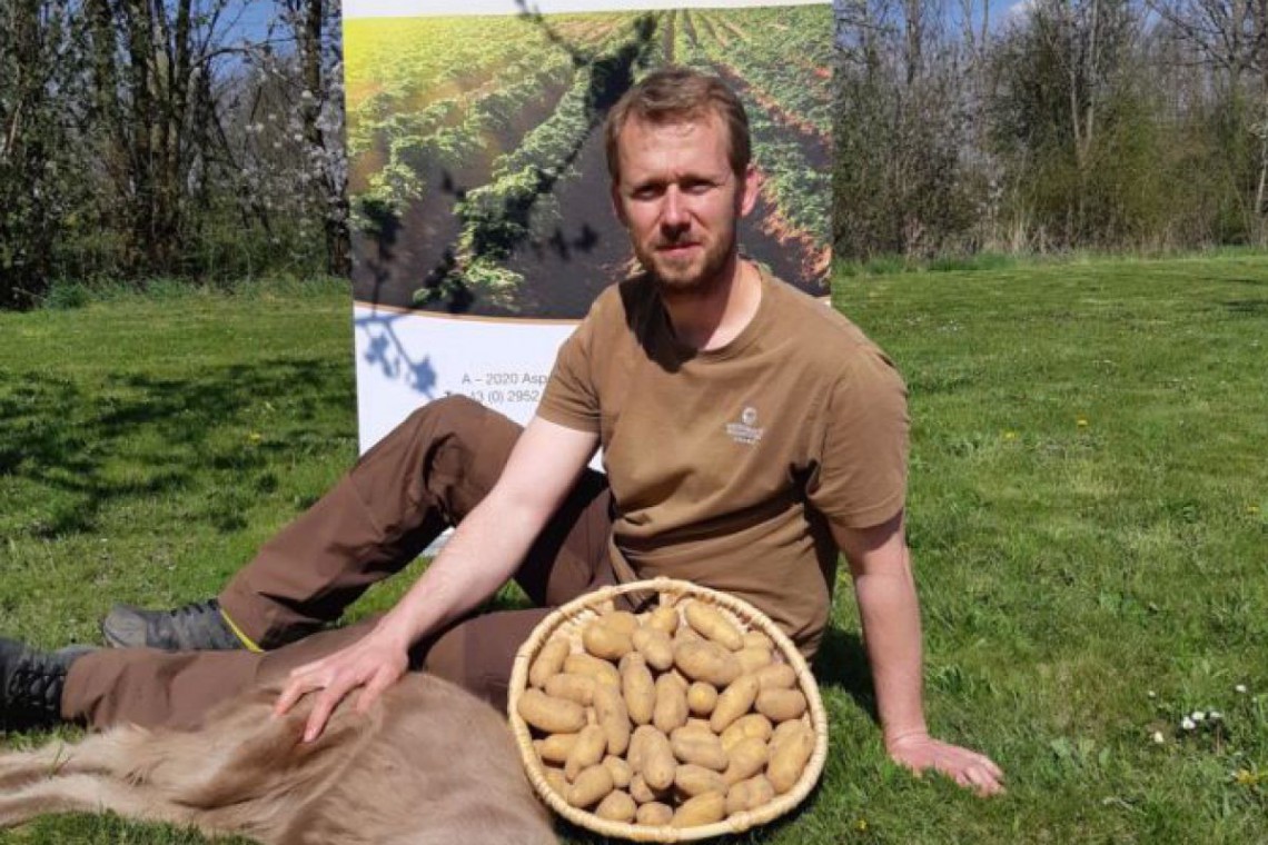 Johannes Niedermayer mit Erdäpfel vor einem Rollup