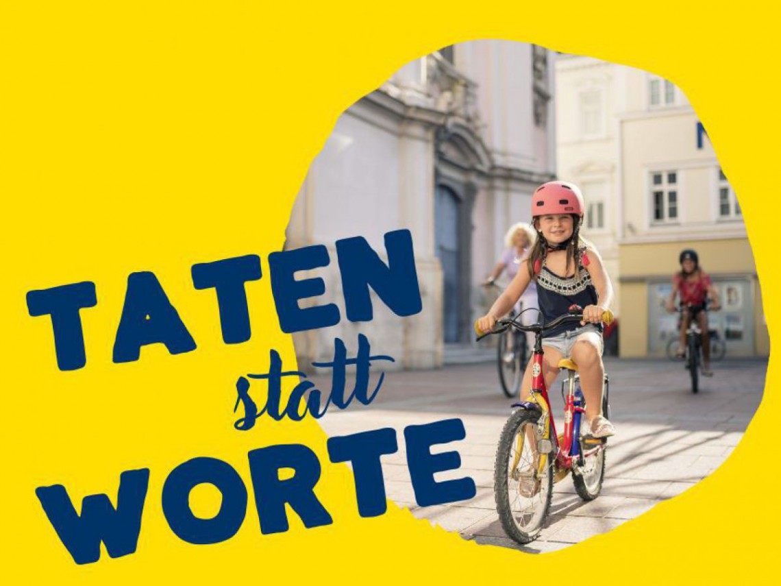 Taten statt Worte Sujet mit Kind auf einem Rad