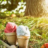 Bild anzeigen: Mohn- und Erdbeereis in Bechern auf der grünen Wiese