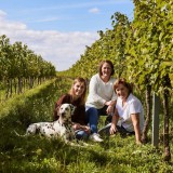 Bild anzeigen: Kerstin und Nadine Schüller mit ihrer Mutter und ihrem Hund sitzen in den Weingärten. 