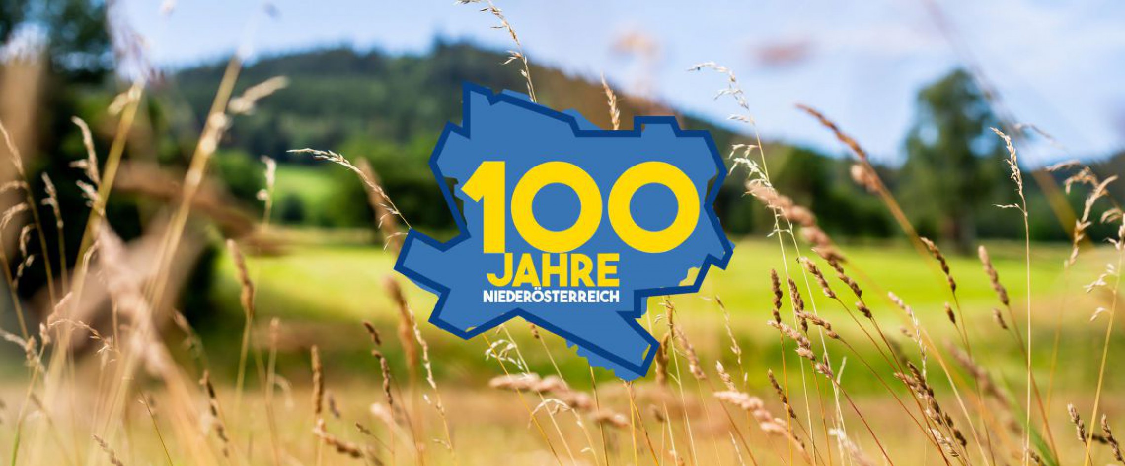 Landschaftsbild mit dem Logo 100 Jahre NÖ darauf
