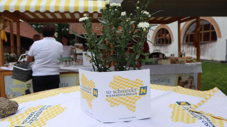 Bauernmarkt Haag Tisch mit Blumen im "So schmeckt NÖ" Würfel